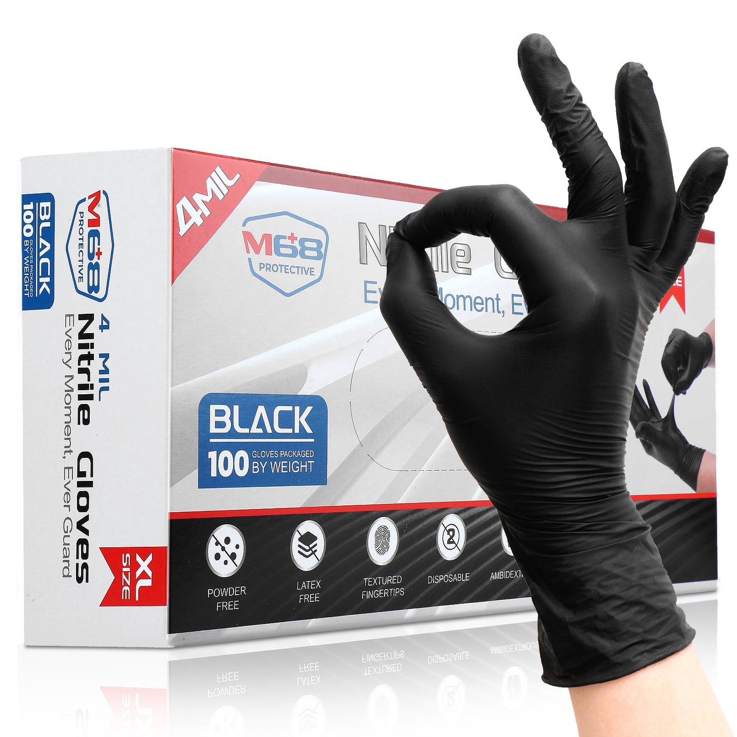 M68 Black Nitrile Gloves, 4-mil, Textured Fingertips — Case of 1,000 (10 × 100-count), S/M/L/XL
