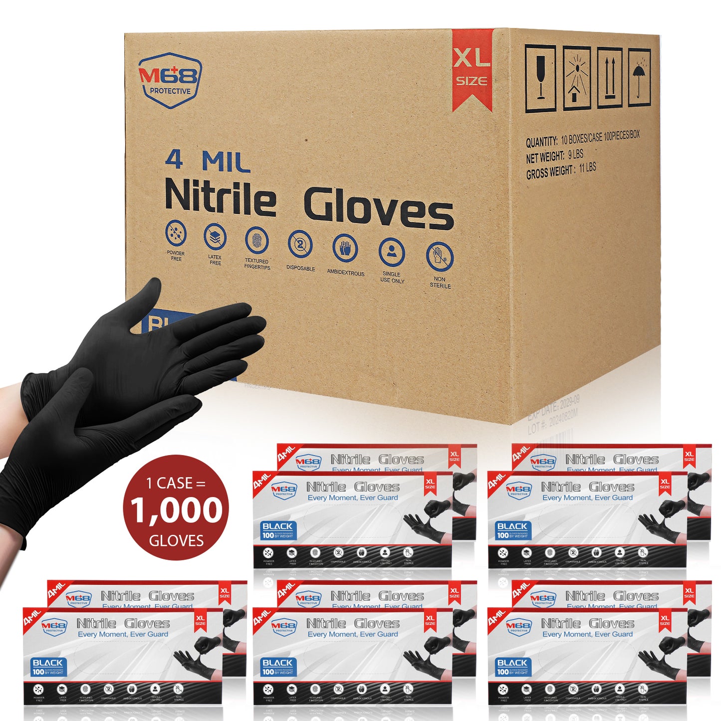 M68 Black Nitrile Gloves, 4-mil, Textured Fingertips — Case of 1,000 (10 × 100-count), S/M/L/XL